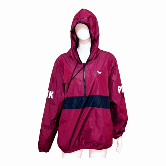 Pink Victoria Secret: Maroon Light Windbreaker Jacket w/ Hoodie Quarter Zipper M - Picture 1 of 7